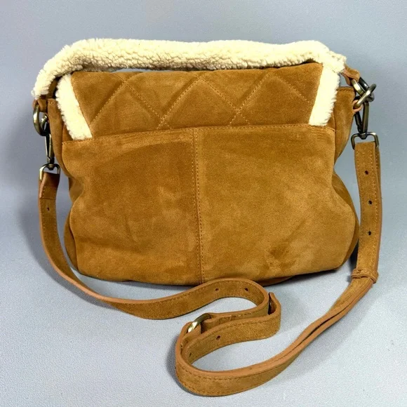 SUNDANCE Tan Suede Leather Quilted Shearling Lined Shoulder Bag NWOT - Picture 4 of 13